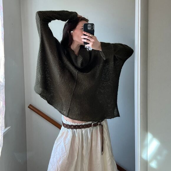 Wooden Ships oversized chunky‎ lightweight crochet knit sweater green turtleneck - Picture 1 of 7